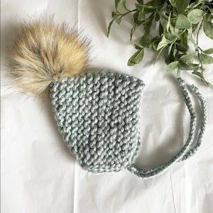 Knitted Chunky Baby Pixie Bonnet Hat with Faux Fur Pom Pom